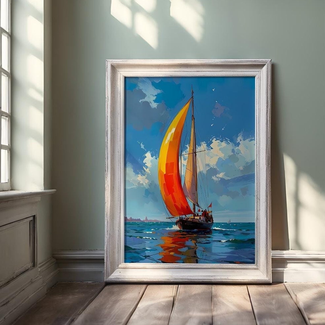 Sailboat with Bright Orange Sails on Sparkling Blue Sea Poster - Image 3