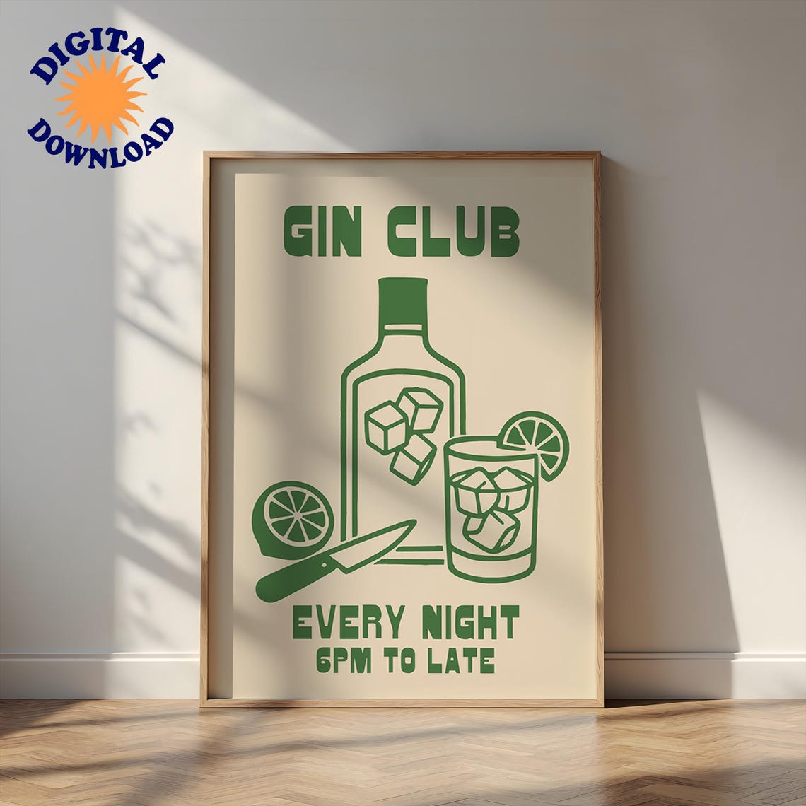 Gin Club Every Night Retro Bottle Green Cocktail Bar Cart Poster