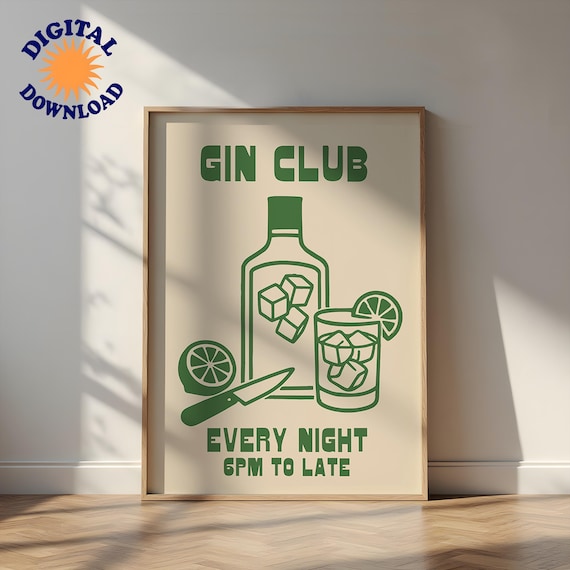 Gin Club Every Night Retro Bottle Green Cocktail Bar Cart Poster