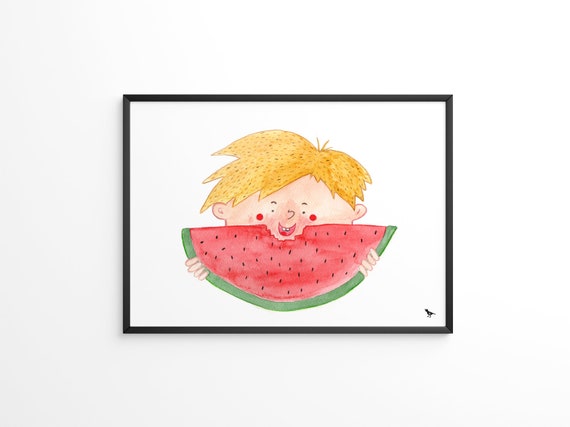 Funny Boy With Watermelon Fine Art Print Watercolor Illustration