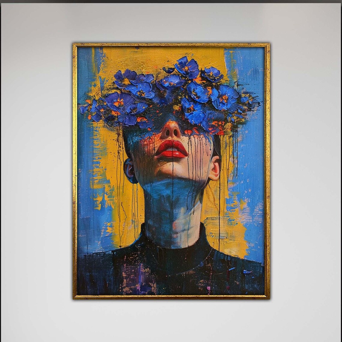 Blue Blossoms Abstract Portrait Art Print, Modern Floral
