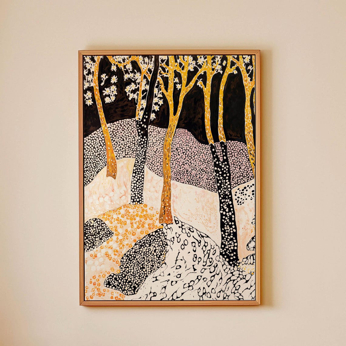 Golden Dotted Tree Trunks Kusama-Inspired Forest Landscape Poster