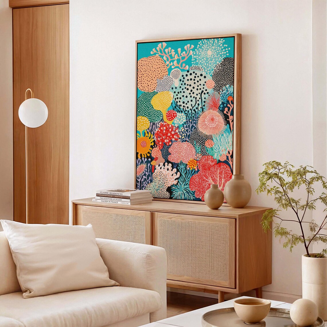 Yayoi Kusama Inspired Artwork Ready To Hang Framed Abstract Wall Decor Kusama Artworks Modern Polka Art Coral Print - Image 3