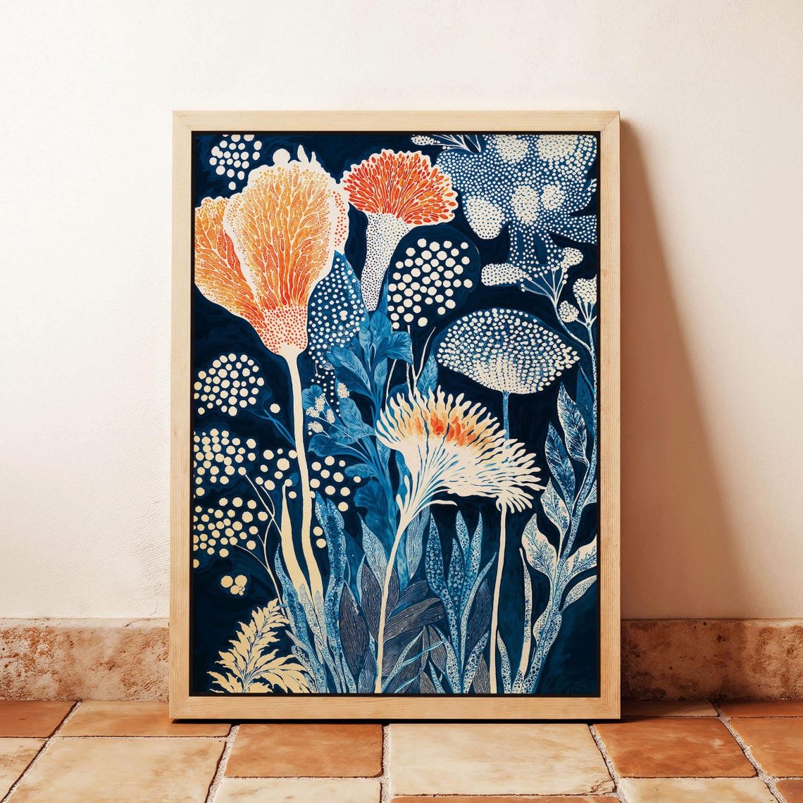 Golden Bloom Cyanotype Botanical Poster Full Bleed Deep Indigo