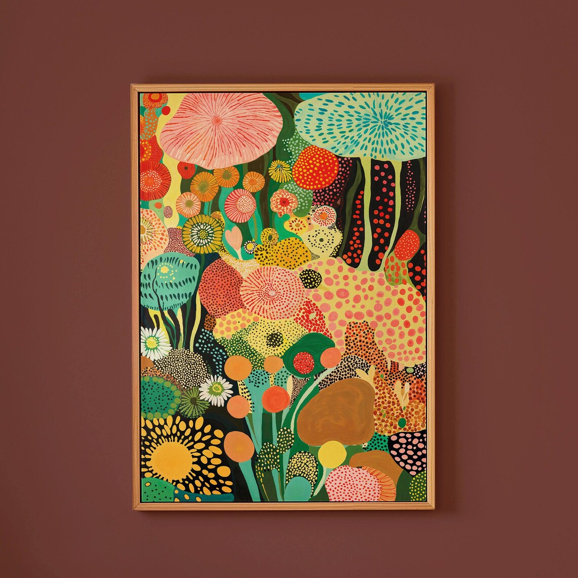 Yayoi Kusama Coral Blossom Meadow Vivid Botanical Mid Century Poster