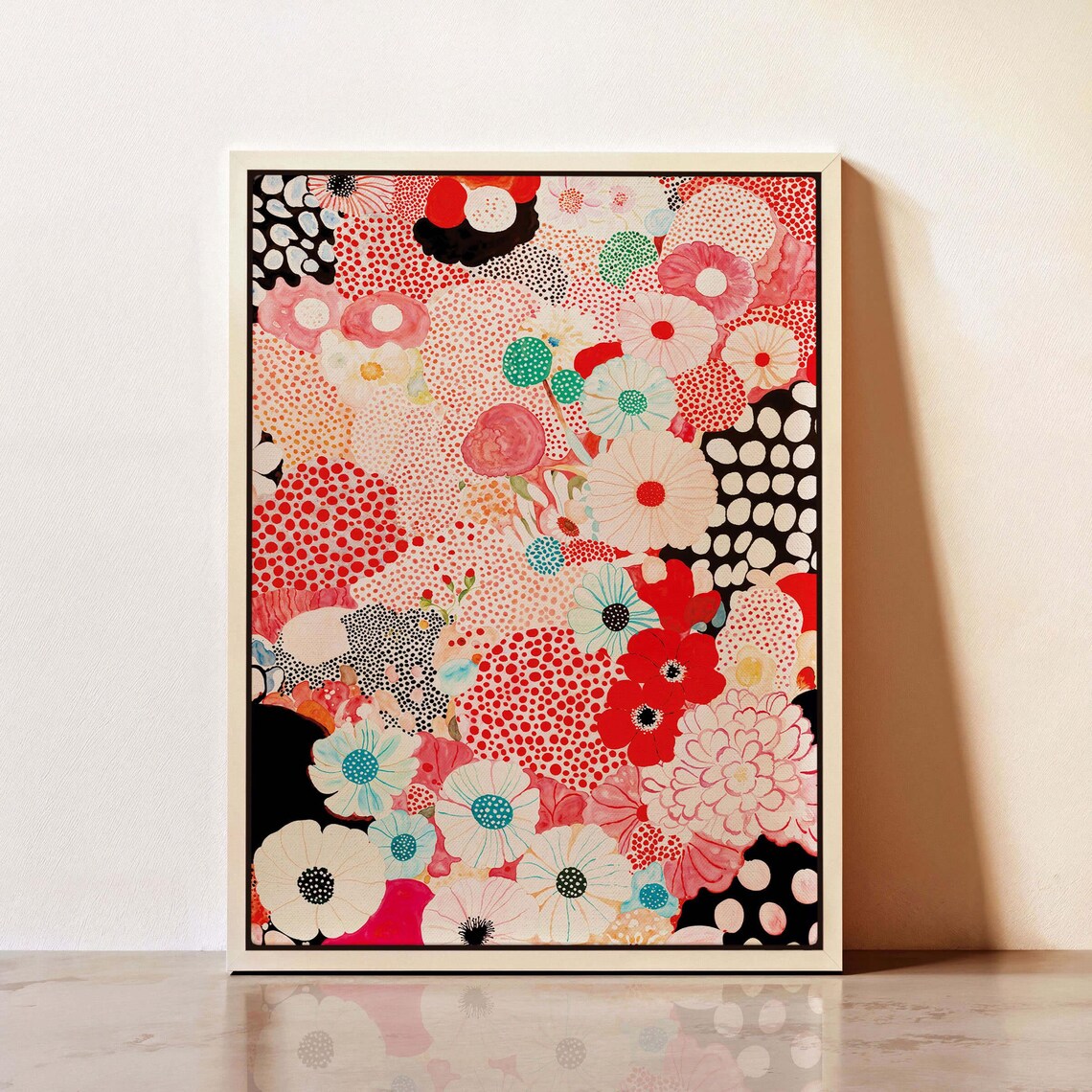 Yayoi Kusama Blush Red Dotted Flower Carpet Botanical Art Poster