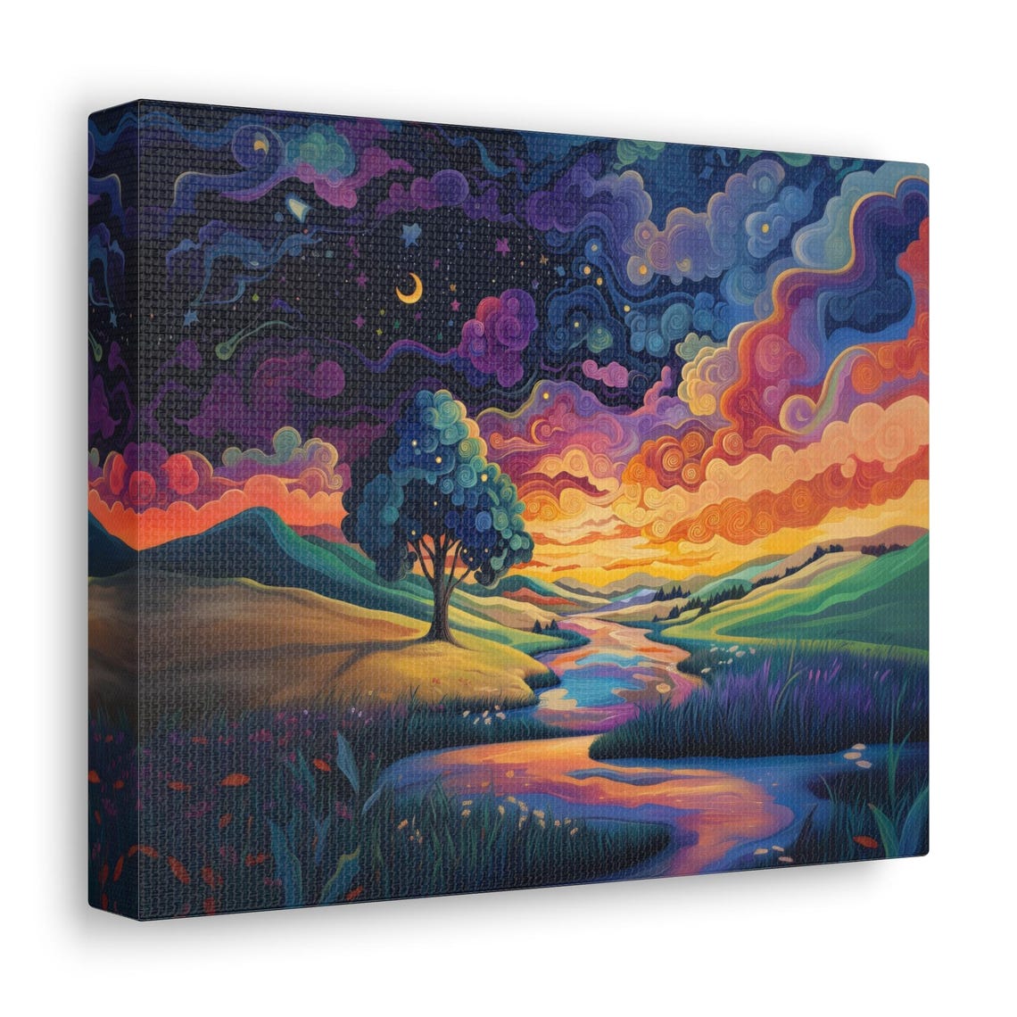 Swirling Starry Night Sky Over Rolling Country Hills Fields Print - Image 2