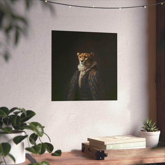 Maximalist Eclectic Victorian Cheetah Poster Print Bold Altered Animal Portrait Fantasy Fun Colorful Renaissance Rustic Art
