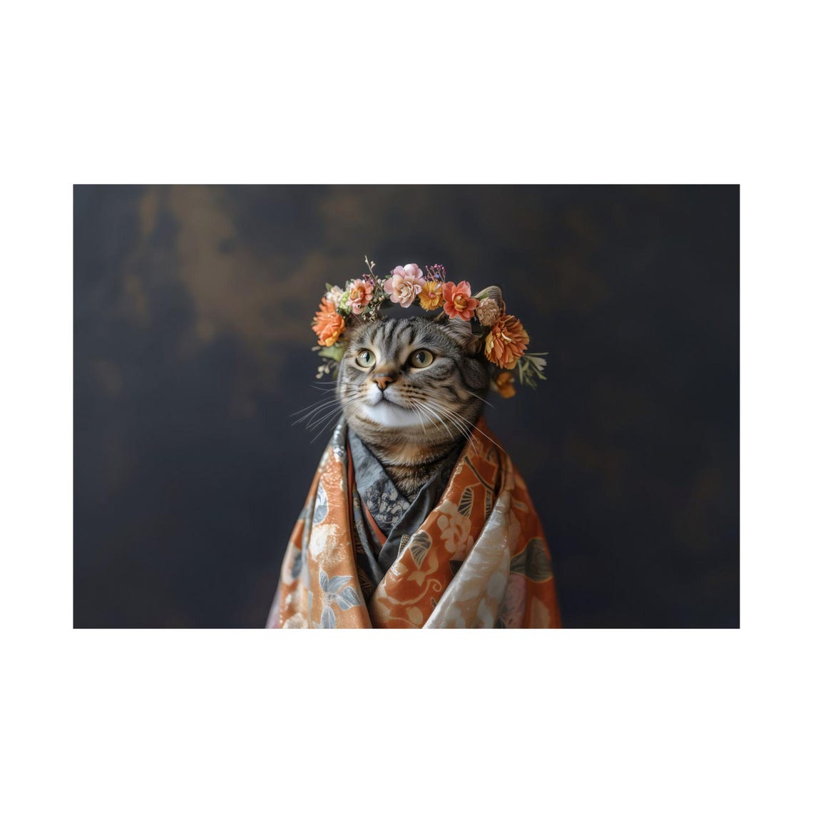Tabby Cat Flower Crown Orange Kimono Maximalist Feline Poster - Image 2
