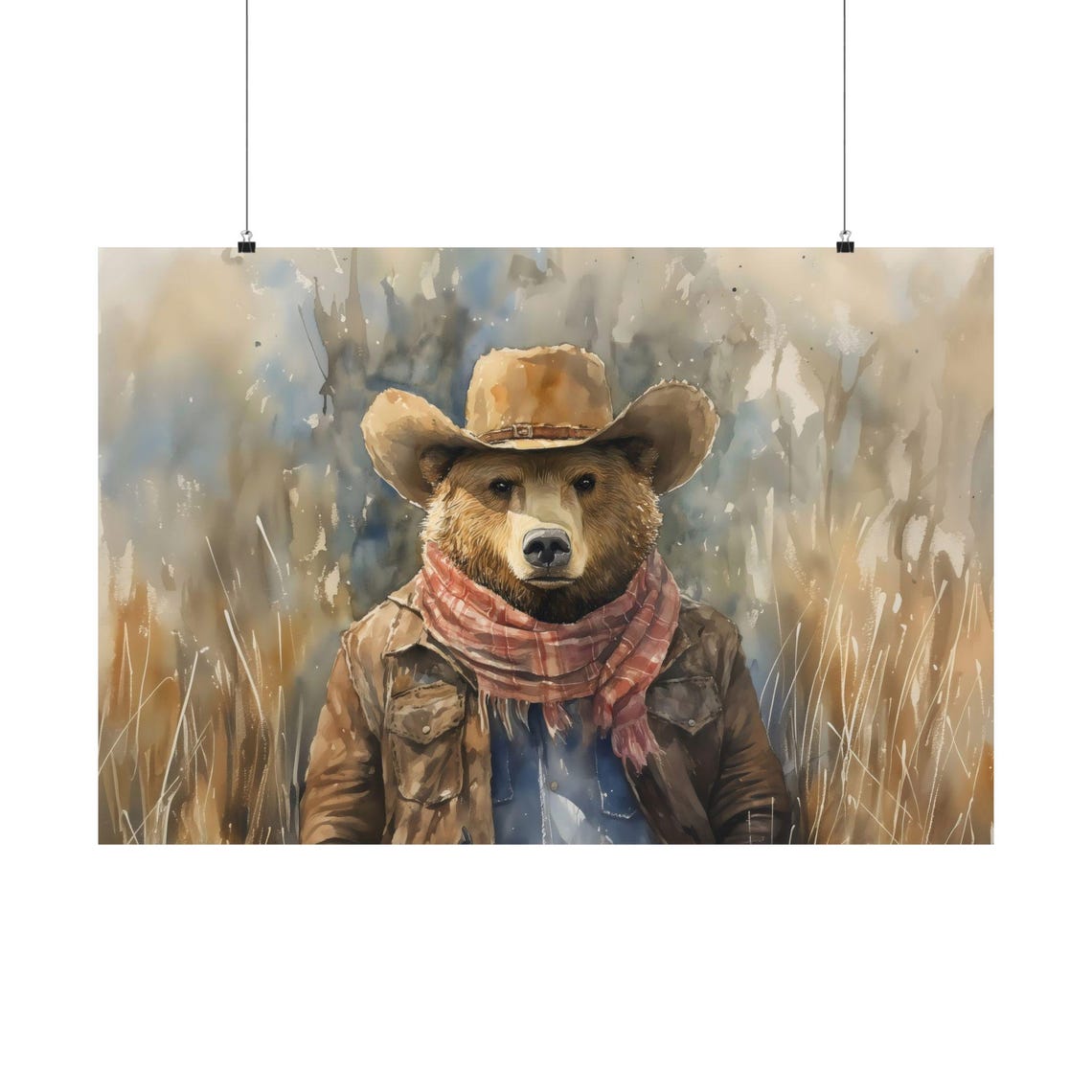Friendly Watercolor Bear in Cowboy Hat on Golden Prairie Poster - Image 3