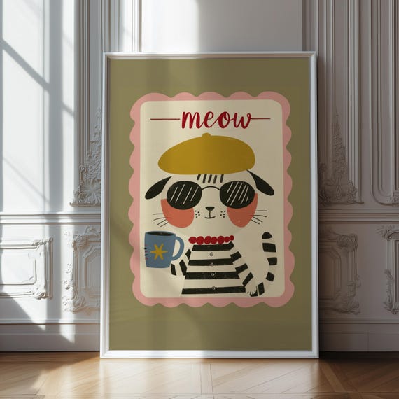 French Cat Nursery Print Meow Wall Art With Beret Coffee Cup Poster Cute Decor For Baby Room Or Playroom
