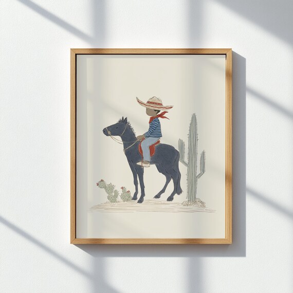 Cowboy Boy Riding Horse In Desert With Cactus Western Nursery Poster