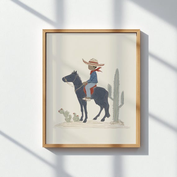 Cowboy Kids Room Wall Art Boy On Horse Desert Illustration Western Nursery Cactus Landscape Poster