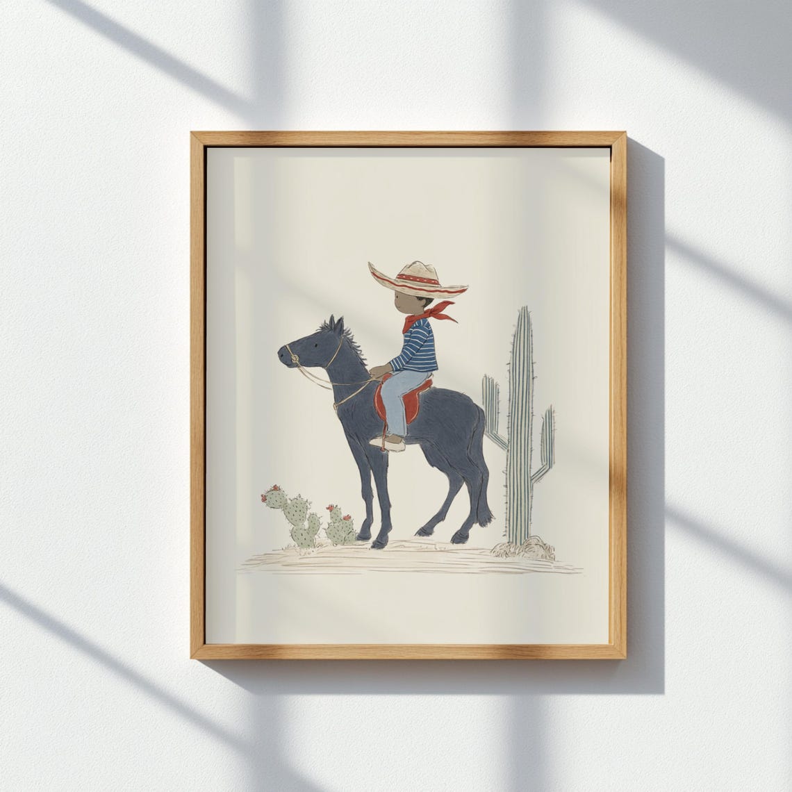 Cowboy Boy Riding Horse In Desert With Cactus Western Nursery Poster