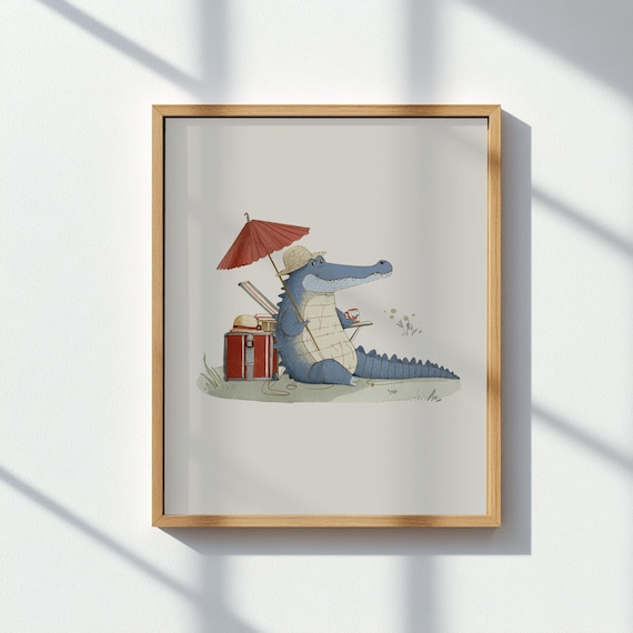 Crocodile Traveler Suitcase Red Parasol Whimsical Kids Poster