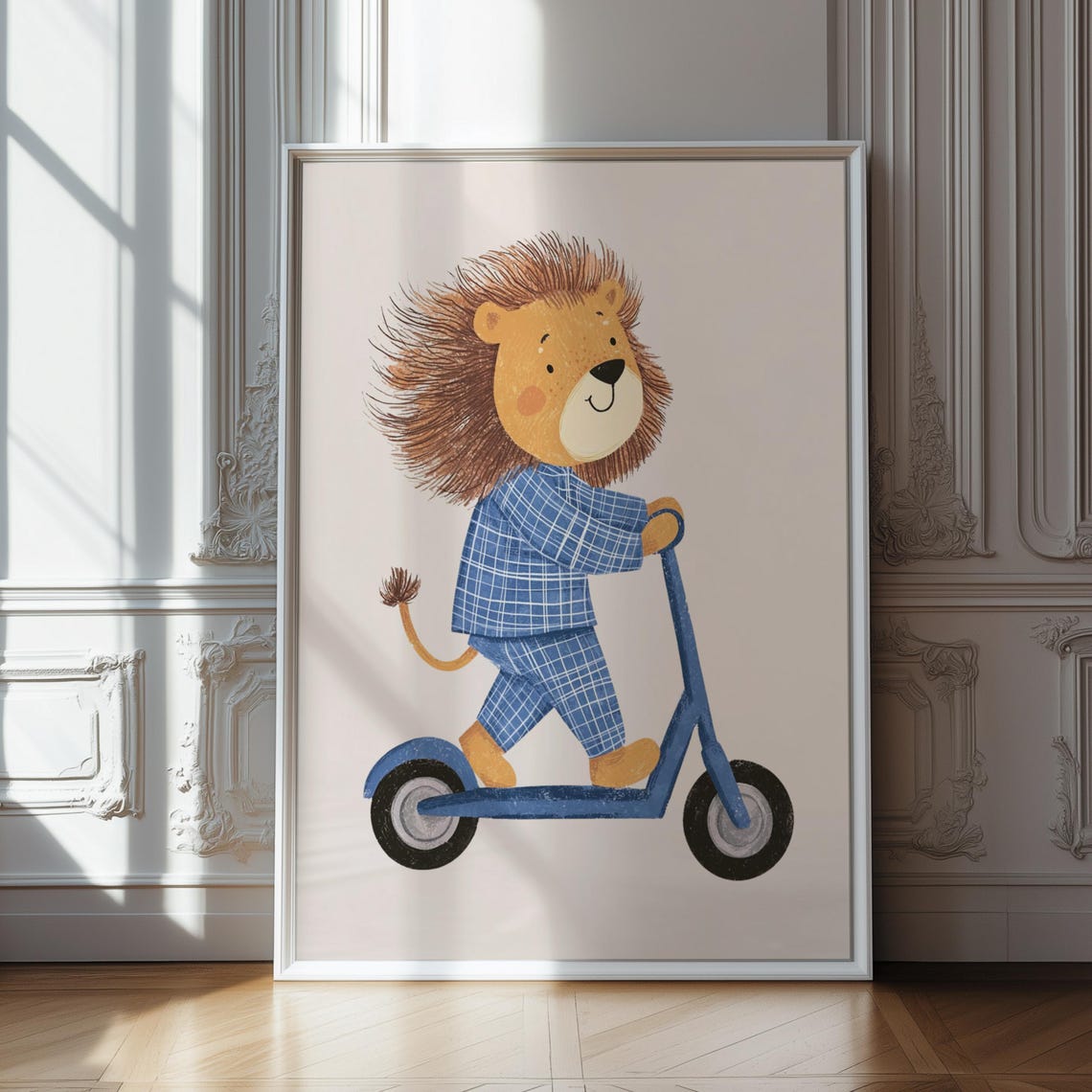 Lion in Blue Checkered Pajamas Riding Scooter Nursery Poster