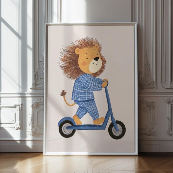 Lion On Scooter Art Kids Room Wall Decor Nursery Animal Bedroom Poster Cute Safari Illustration