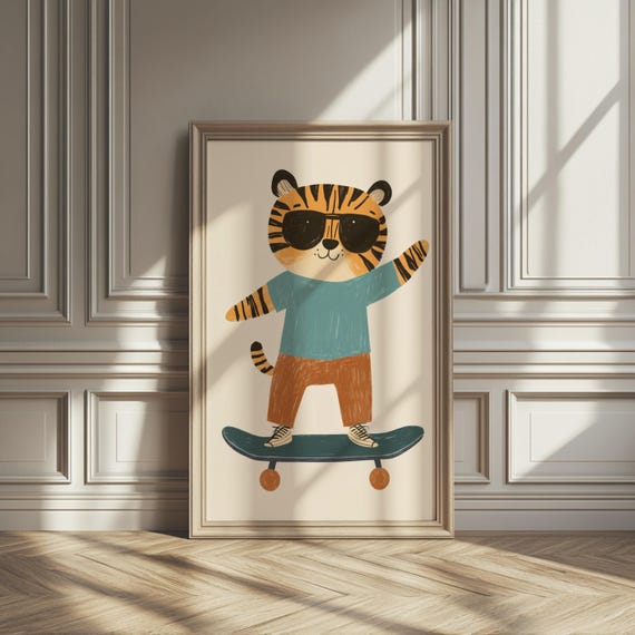 Cool Skateboarding Tiger Nursery Wall Art Playful Kids Room Print Retro Animal Decor Baby Arts Decorating
