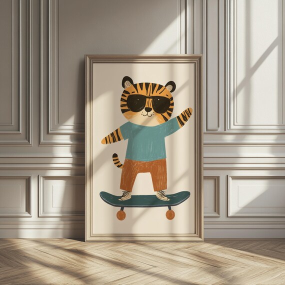 Cool Tiger Cub Riding Skateboard Sunglasses Kids Nursery Poster