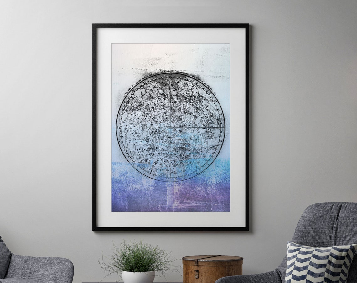 Nautical Map Blue Blend Print Vintage Art Star Chart And White Celestial