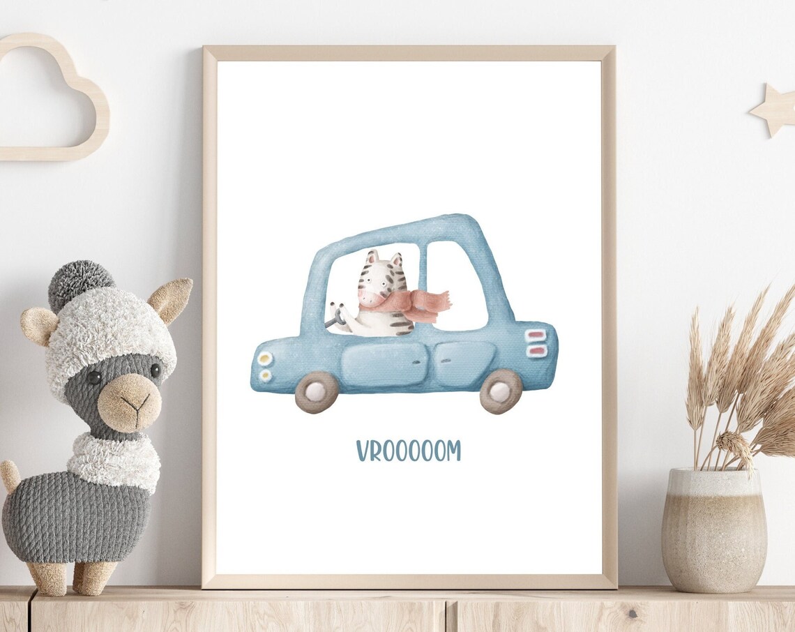 Zebra Driving Blue Car Vroooom Watercolor Kids Nursery Poster
