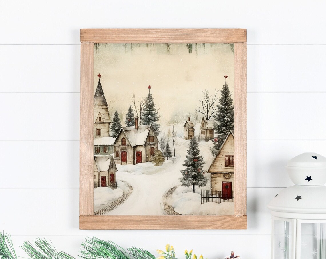Snowy Christmas Village with Church Watercolor Holiday Town Poster