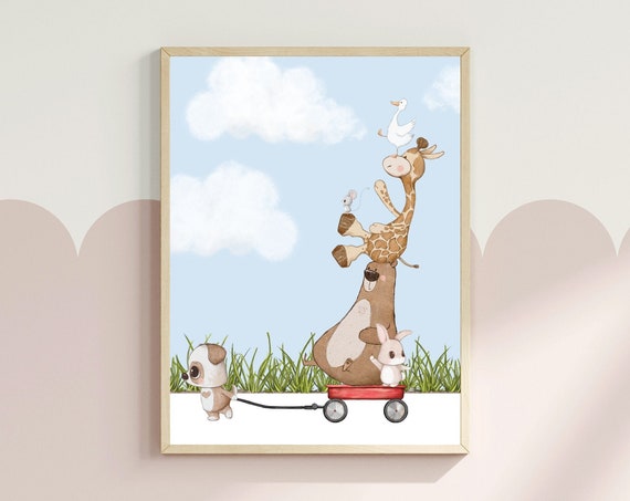 Animal Adventure Art Cute Kids Room Decor Wagon Transportation Print Gender Neutral Nursery Wall Art Instant