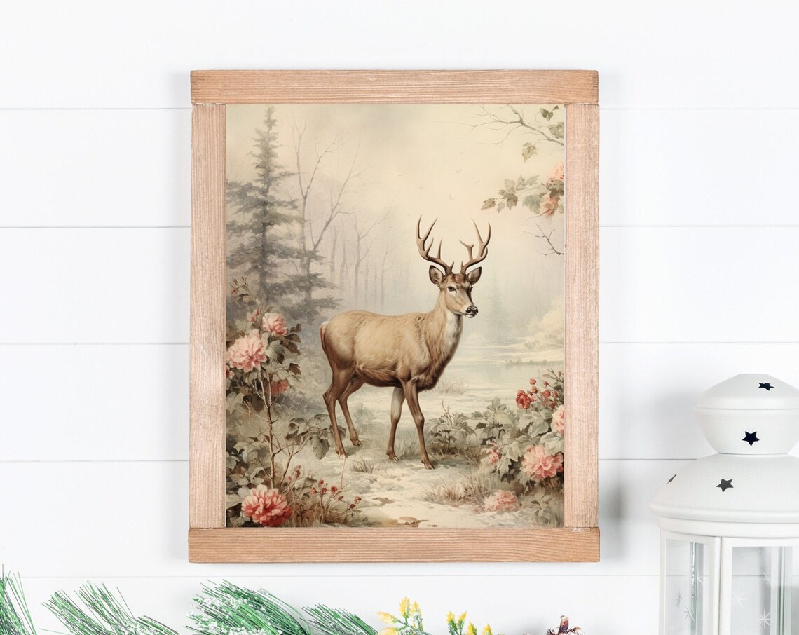 Christmas Woodland Art Print, Winter Forest Deer