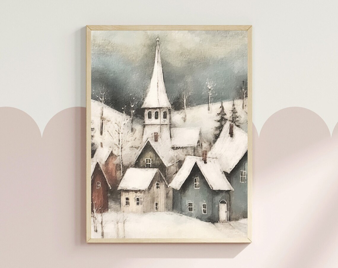 Snowy Scandinavian Village Church Steeple Watercolor Winter Art Poster
