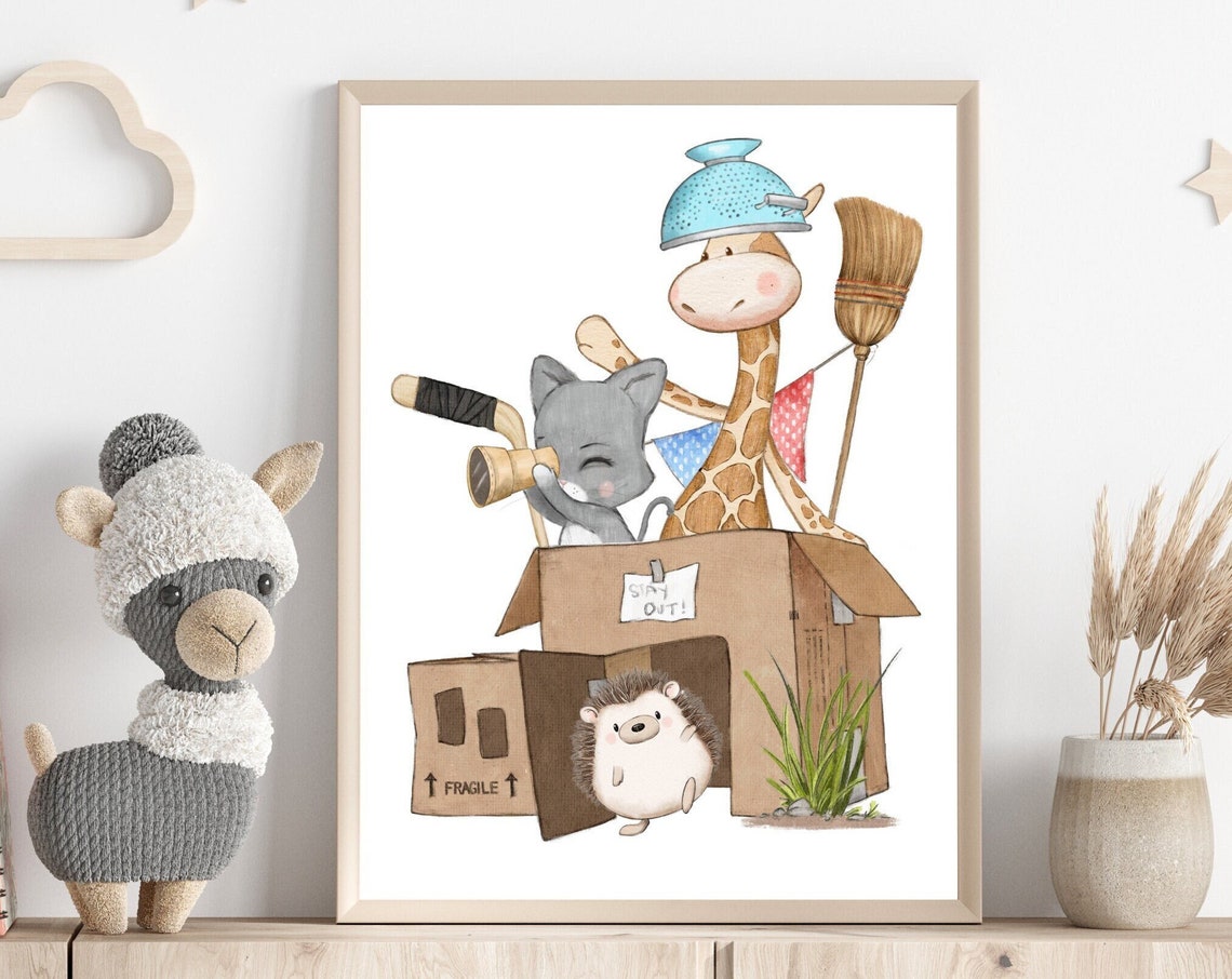 Giraffe And Kitten Building Cardboard Box Fort Watercolor Poster