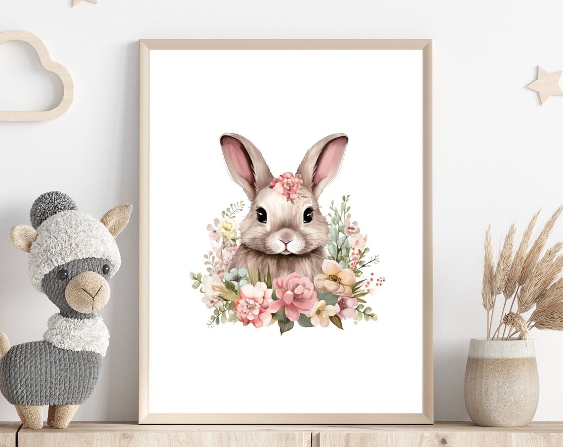 Cute Bunny Portrait Pink Floral Wreath Watercolor Nursery Art Poster
