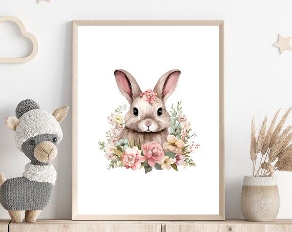 Cute Bunny Portrait Pink Floral Wreath Watercolor Nursery Art Poster