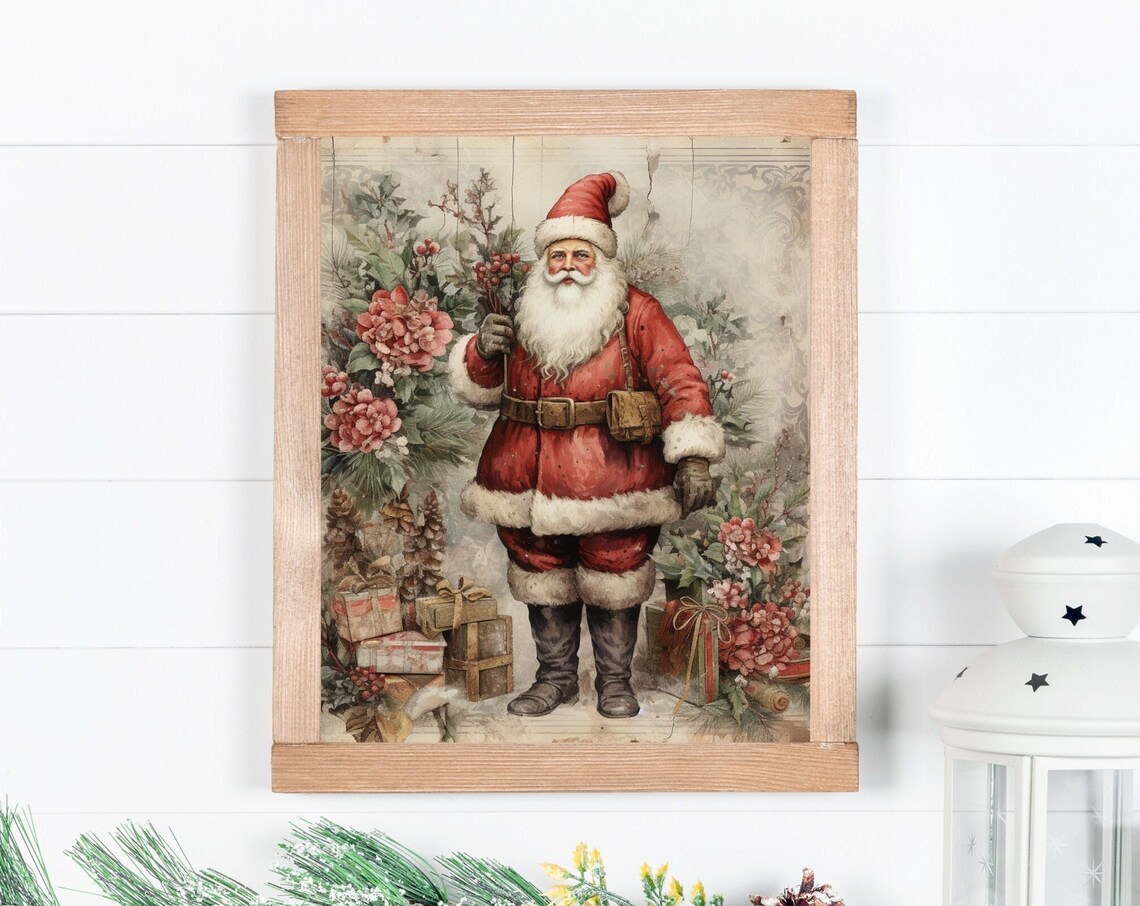 Vintage Santa Claus with Gifts and Poinsettias Christmas Poster