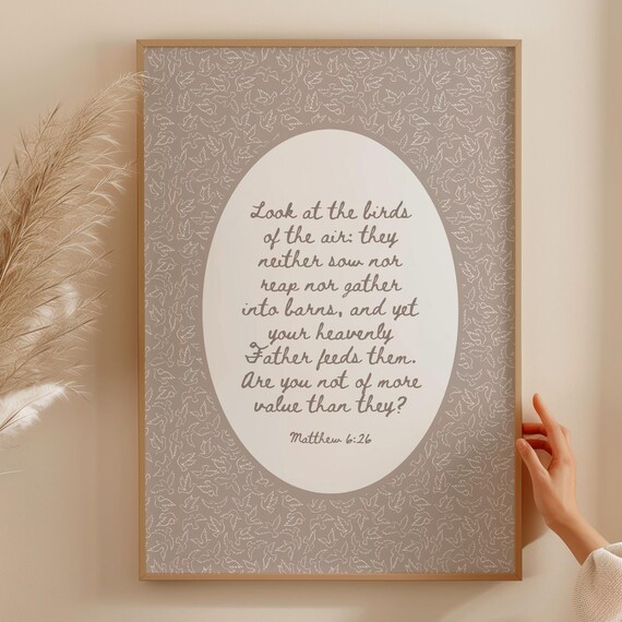 Look At The Birds Sermon On Mount Modern Christian Art Brown Bible Verse Poster Minimalist Religious Home Decor Catholic Artwork Trendy