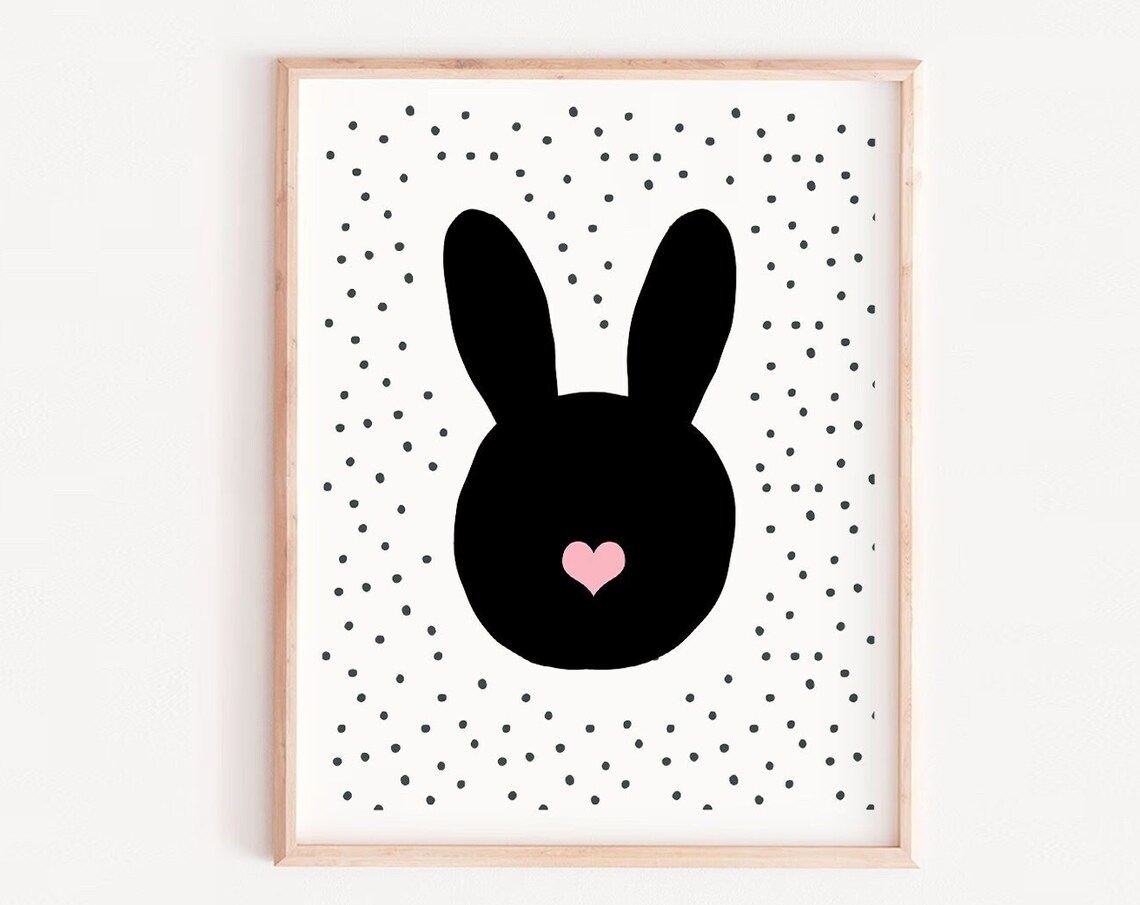 Black Bunny Silhouette Pink Heart Nursery Decorative Art Poster