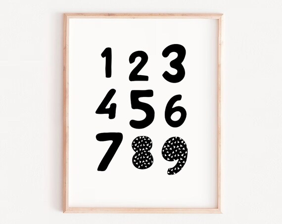 Nursery Numbers Print Art Black White Childrens Kids Children