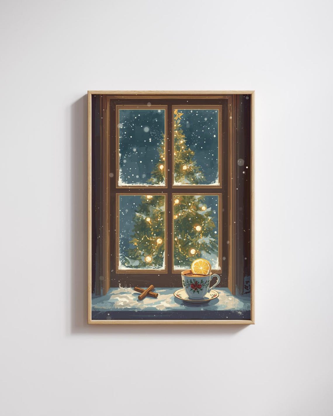 Snowy Night Window Christmas Tree Teacup Winter Holiday Poster