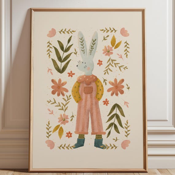 Bunny Nursery Print Handdrawn Cute Animal Wall Art Retro Babyshower New Baby Gift Minimalist Toddler Rom