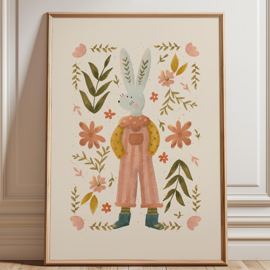 Cute Bunny In Overalls Floral Botanical Nursery Kids Room Wall Poster