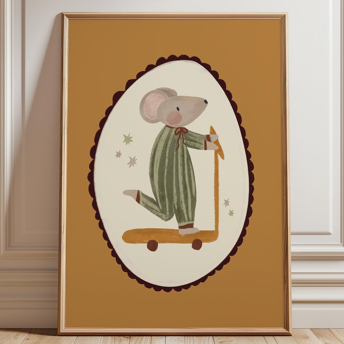 Retro Mouse Scooter Art Print, Cute Nursery Decor