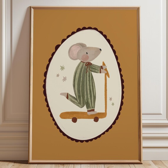 Retro Mouse Scooter Art Print, Cute Nursery Decor