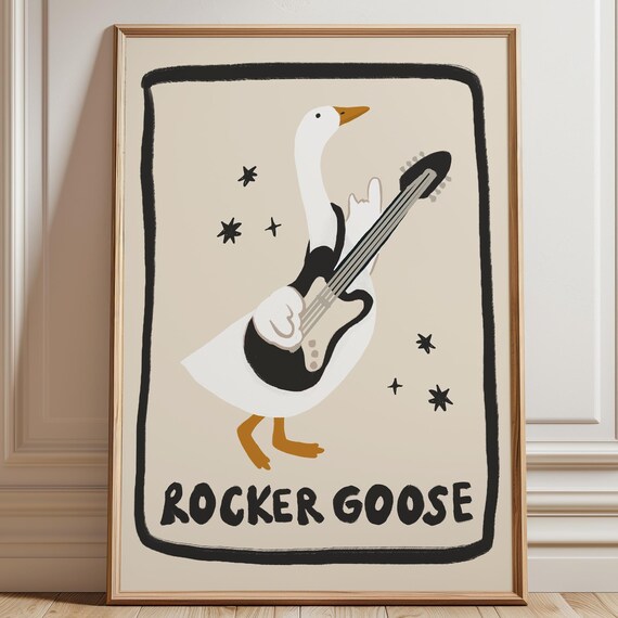 Rocker Goose Electric Guitar Cute Hand Drawn Animal Art Poster