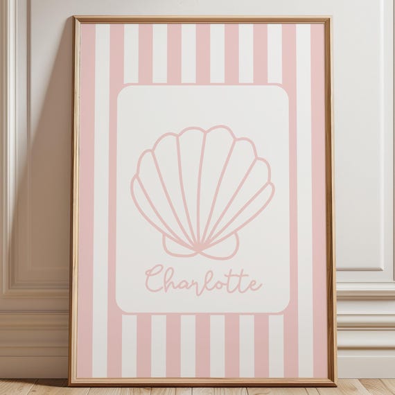 Personalized Name Pink Seashell Print Coastal Nursery Dusty Kid Room Girl Toddler Wall Decor Playroom