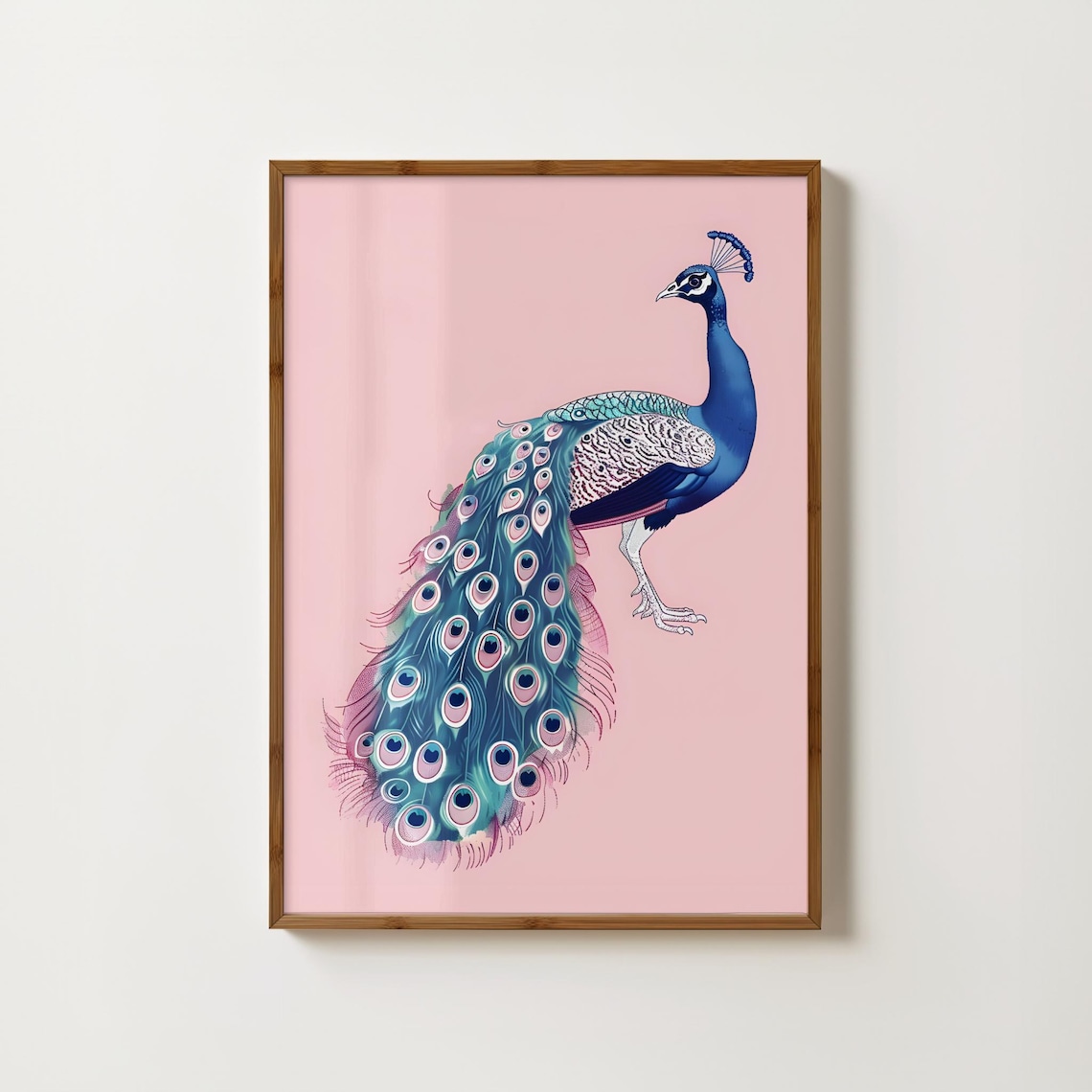 Standing Peacock With Fanned Jeweled Tail On Blush Pink Poster