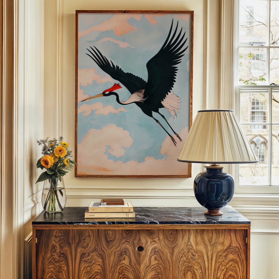 Flying Crane Soaring In Japanese Style Pastel Cloudy Sky Art Print - Image 2