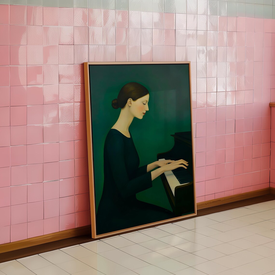 Elegant Woman Playing Grand Piano Against Emerald Green Art Print - Image 2