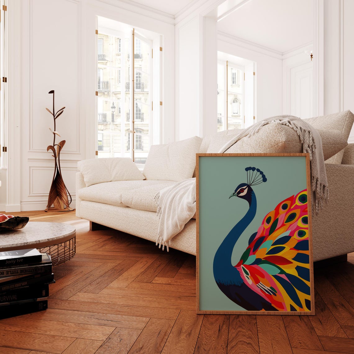Stylised Blue Peacock with a Rainbow Feather Tail Bird Art Print - Image 3