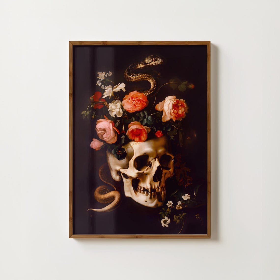 Skull With Roses And Snake Dark Vanitas Flower Artwork Poster