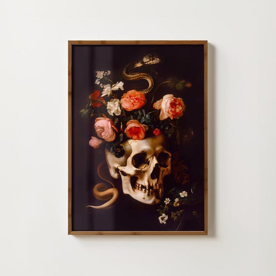 Skull Art Print Floral Skull Painting Moody Skull Print Gothic Decor Dark Academia Print Snakes Wall Art Goth Skeleton Print Moody Painting