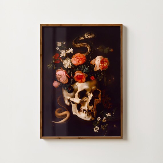 Skull With Roses And Snake Dark Vanitas Flower Artwork Poster